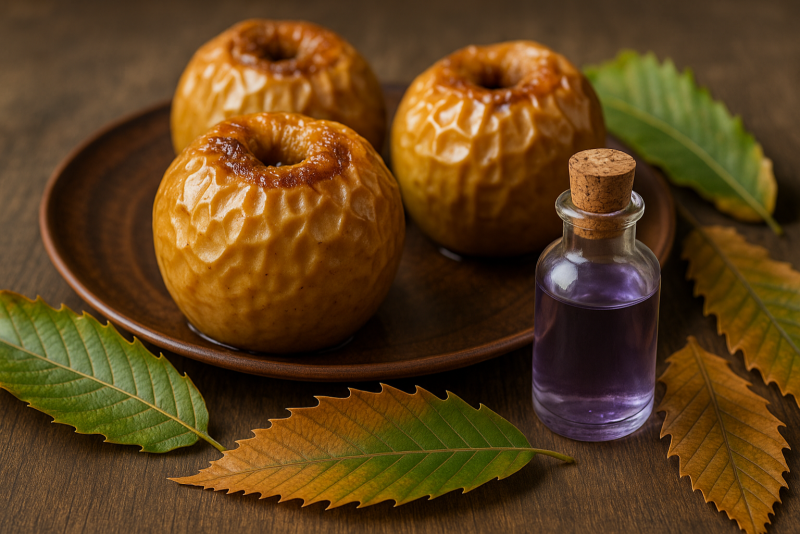 dish of baked apples with a bottle of fine lavender essential oil on the side 
